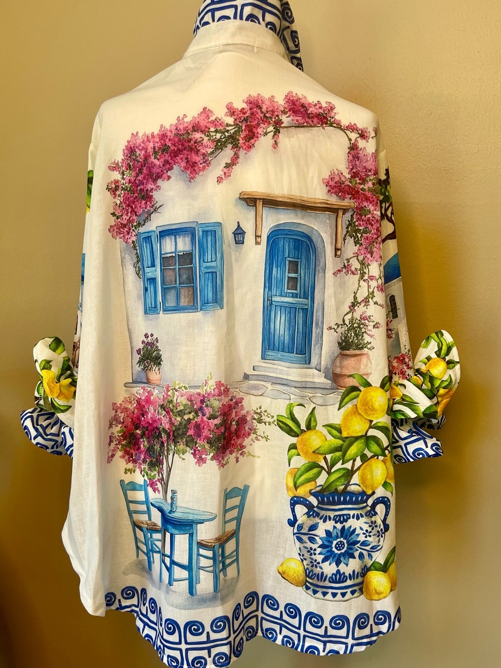 NWT MADE IN PADOVA, ITALY SANTORINI PRINT HIGH-LOW RUFFLED SLEEVE LUXURY BLOUSE - Picture 5 of 17